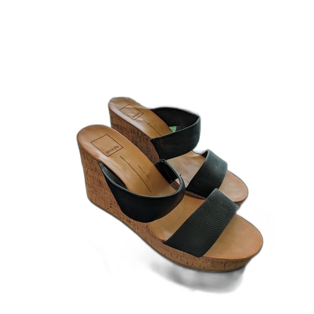 Dolce Vita Porcia Shoes Women's 9 Black Faux Leather Cork Wedge Sandals Coastal